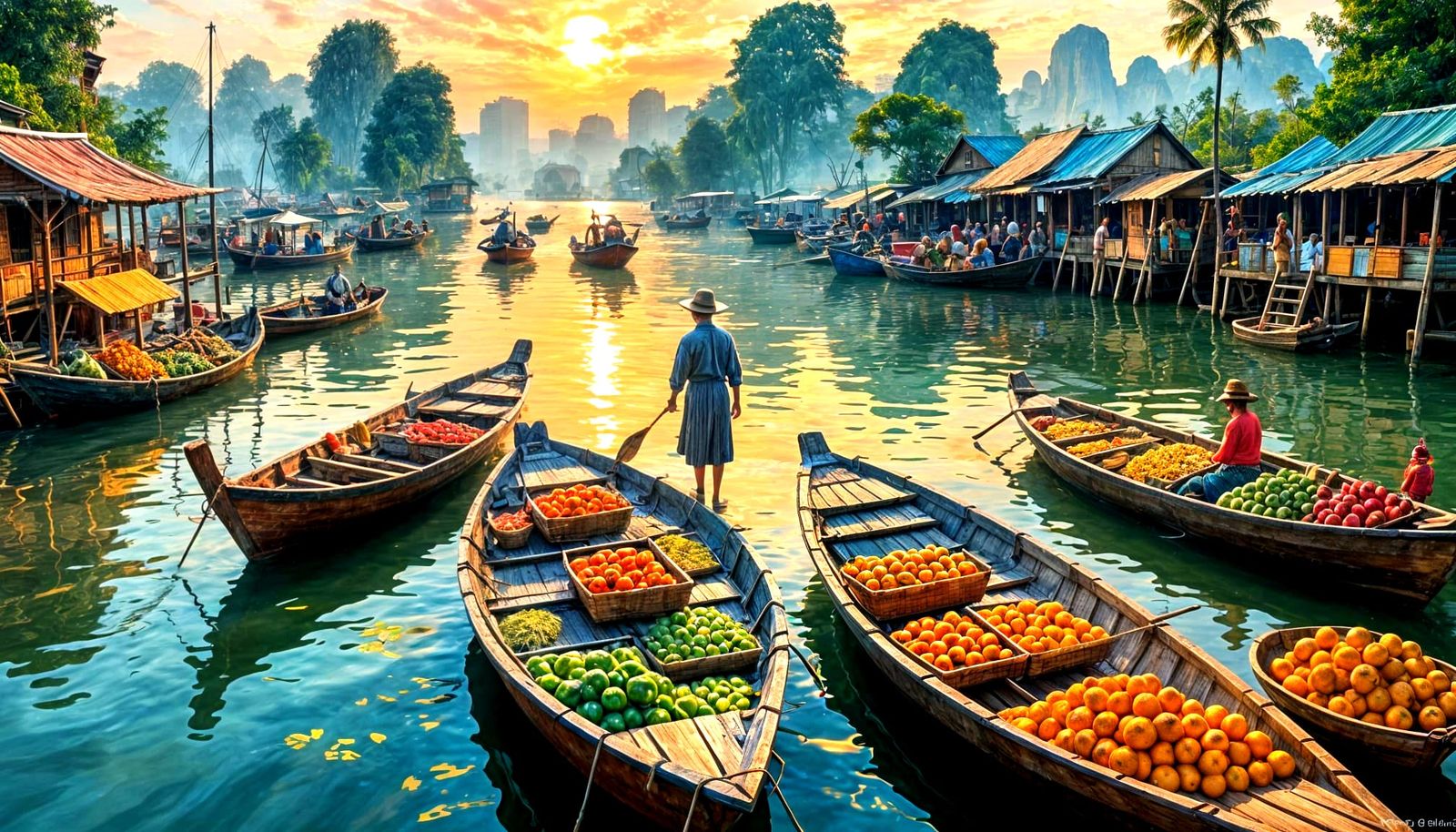 Bustling Thai Floating Market in Morning Light