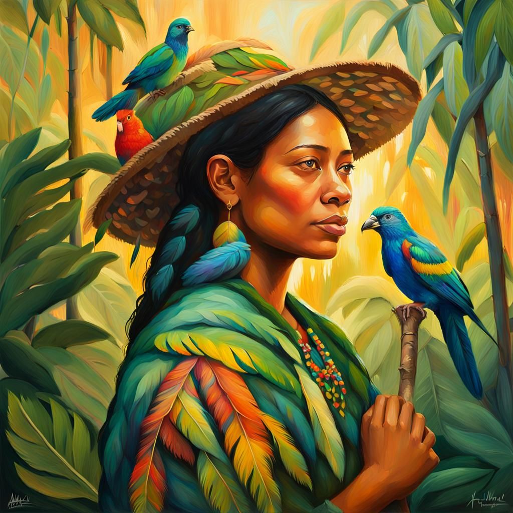 Arawak Woman in Verdant Forest, Impressionist Oil Painting