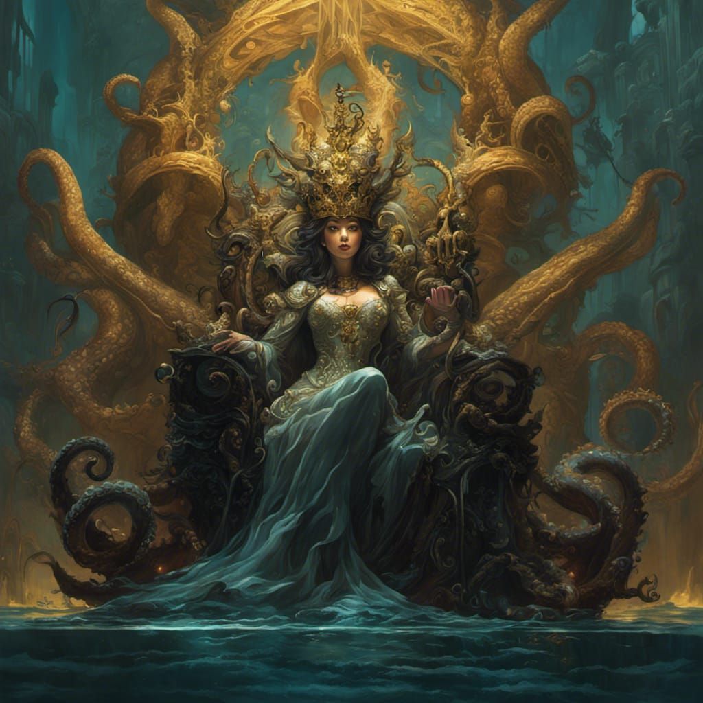 Crowned Octopus Queen on Underwater Throne