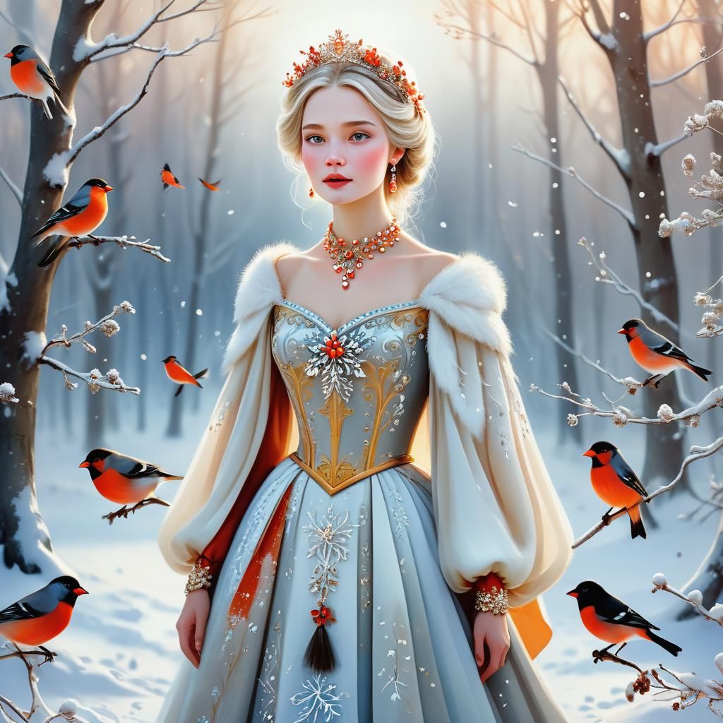 Snow Princess with Bullfinches in Fairytale Forest
