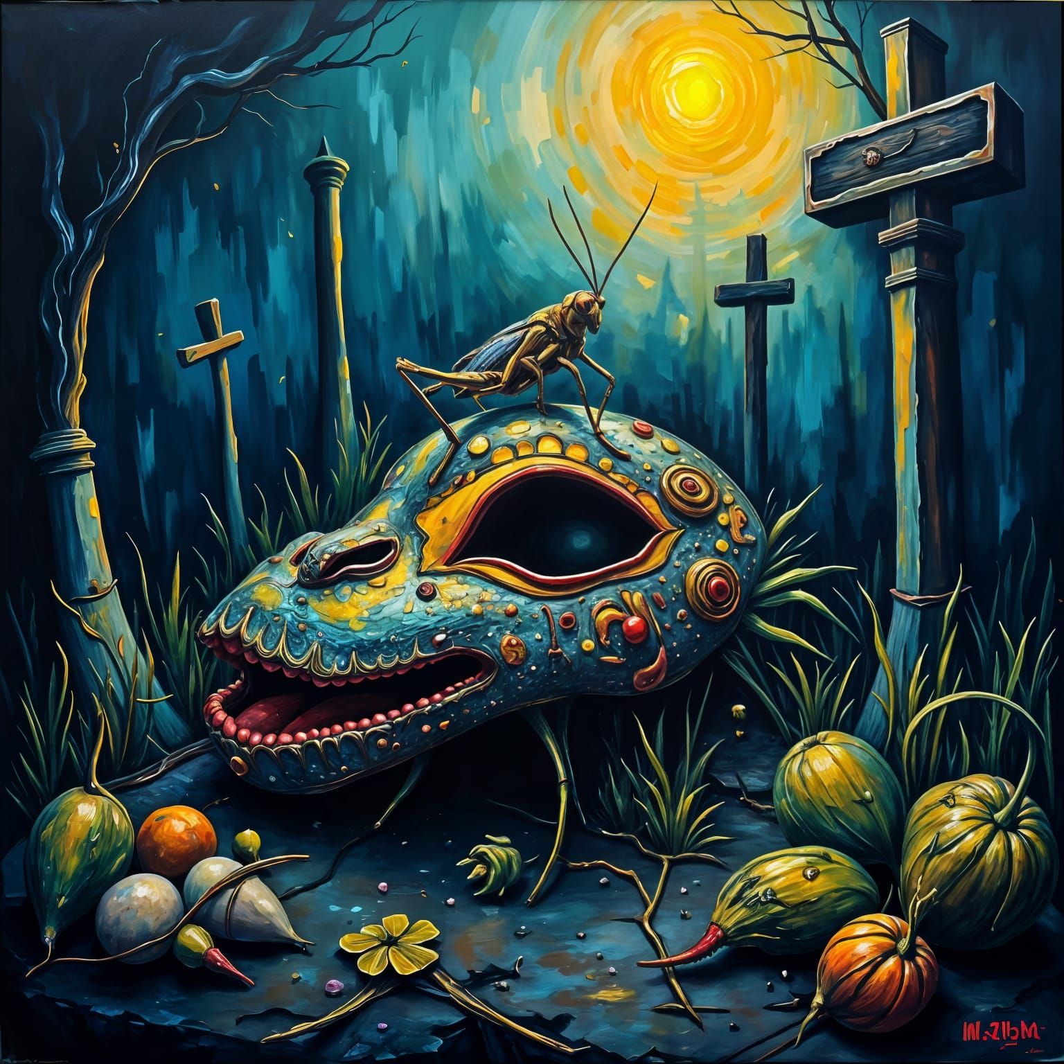 Surreal Grasshopper Sits on Discarded Mask Under Glowing Moo...