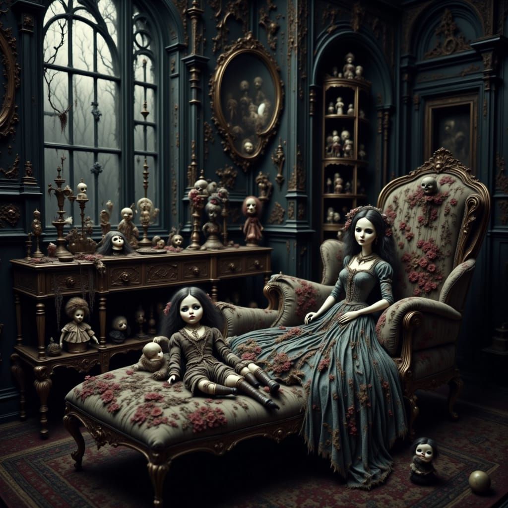 Antique Dolls on Velvet Lounge in Gothic Mansion