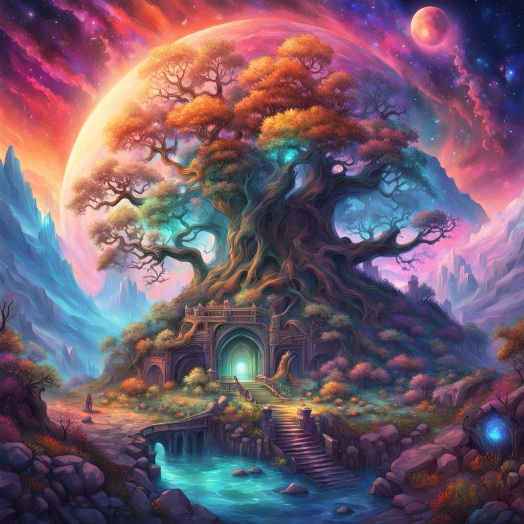 Glowing Tree Illuminates Underground City: Gouache Impressio...