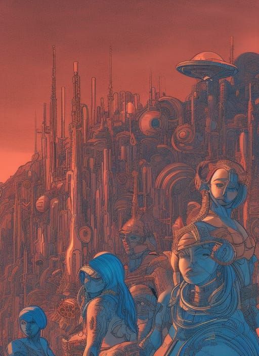 Alien Women in Dystopian Cityscape: Copper Engraving