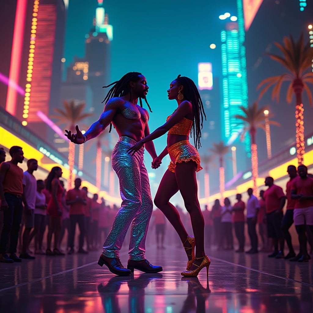 Neon-Lit Reggae Couple in Futuristic Jamaican Metropolis