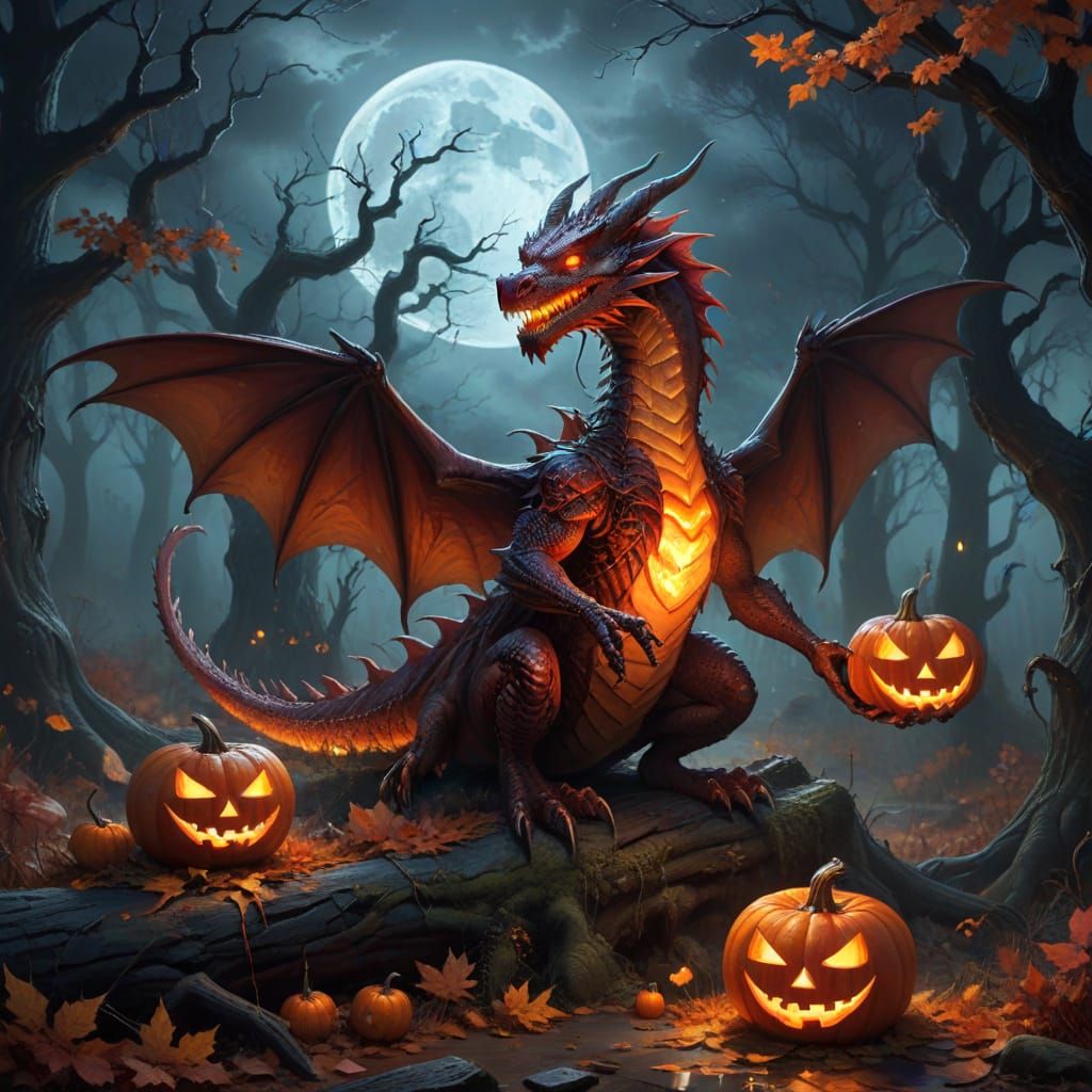 Friendly Red Dragon in Witch Costume with Glowing Jack-o'-La...
