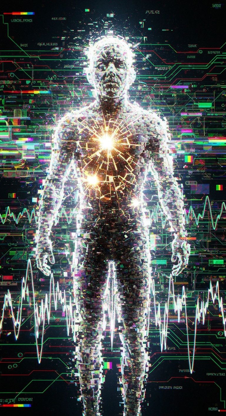 Figure of Light and Static Dissolving into Glitch Art Void