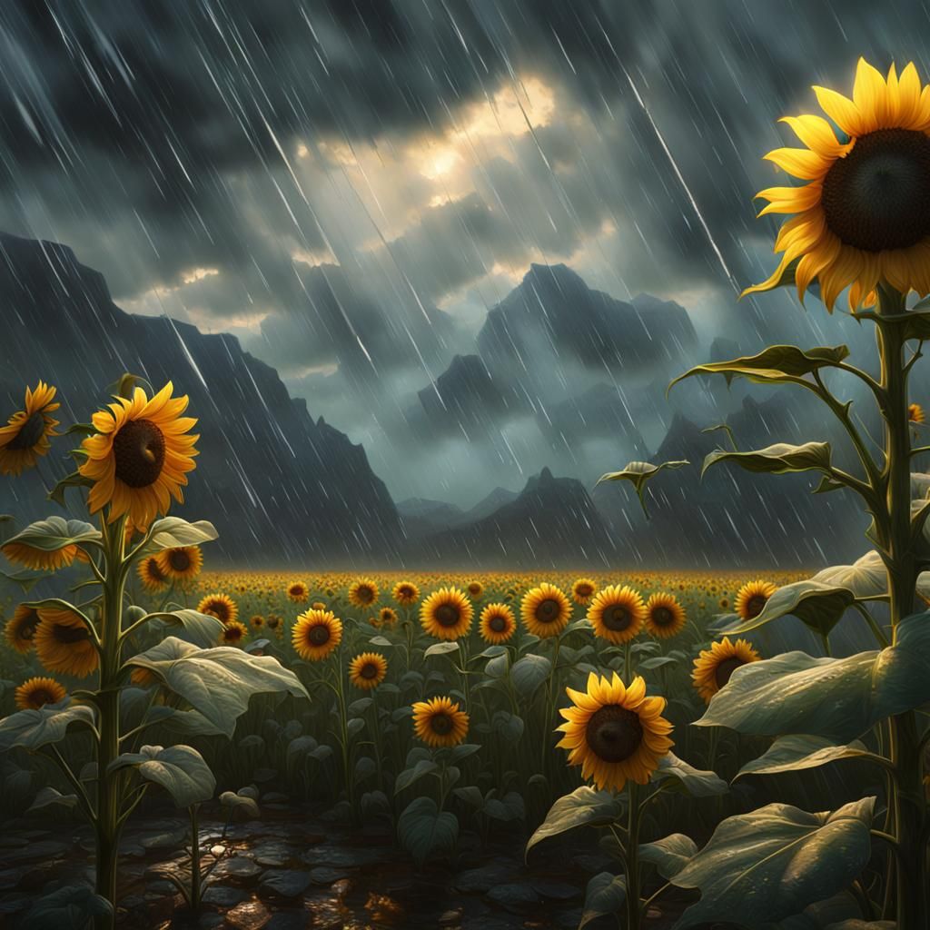 Sunflowers in Rain: Detailed Matte Painting