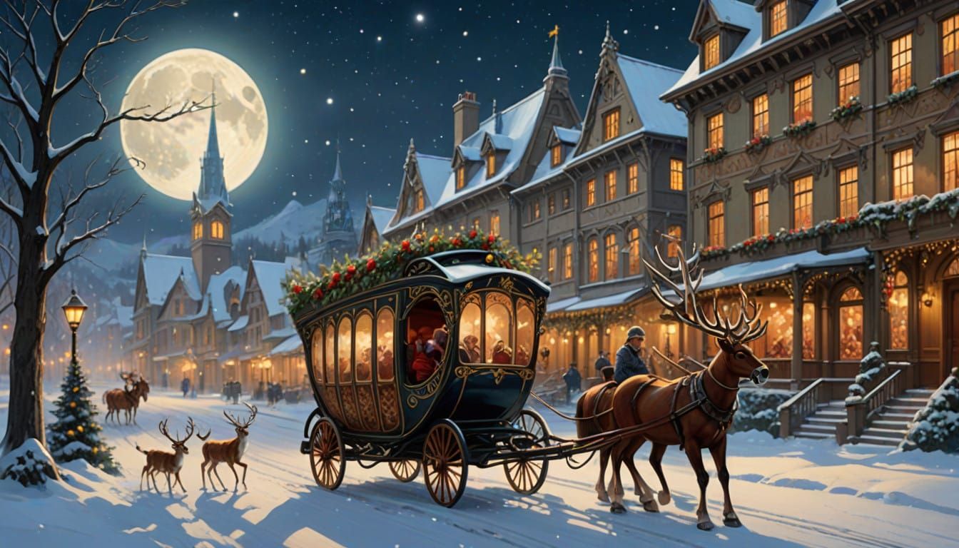 Whimsical Christmas Eve Scene in Art Nouveau Oil Painting St...