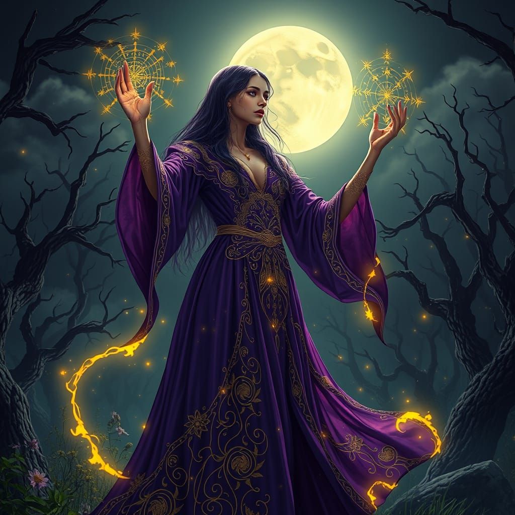 Mystical Sorceress Under Full Moon
