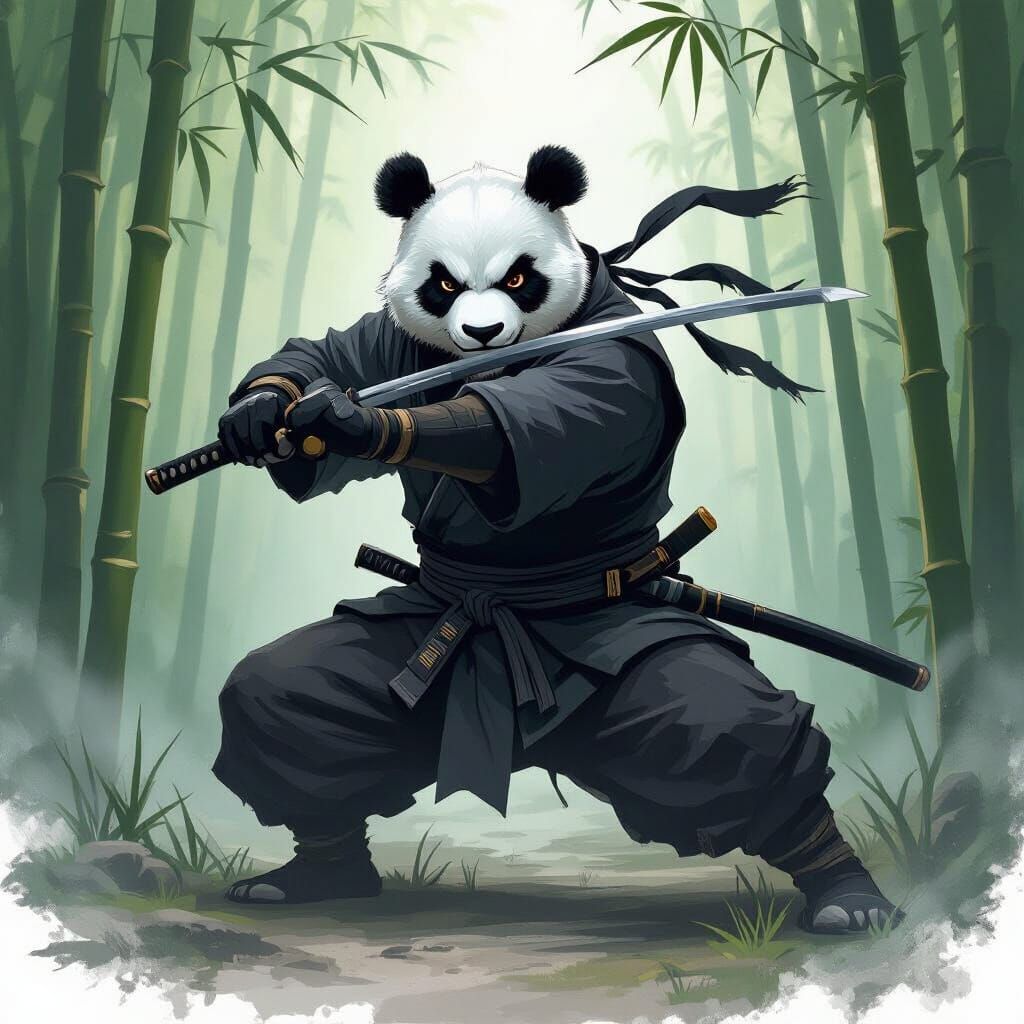 Furious Panda Ninja in Misty Bamboo Forest