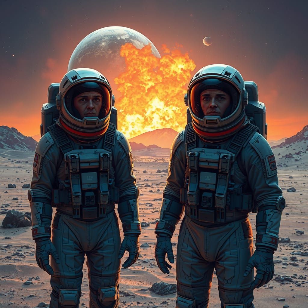 Futuristic Mars Colonists Gaze Upon a Burning Earth