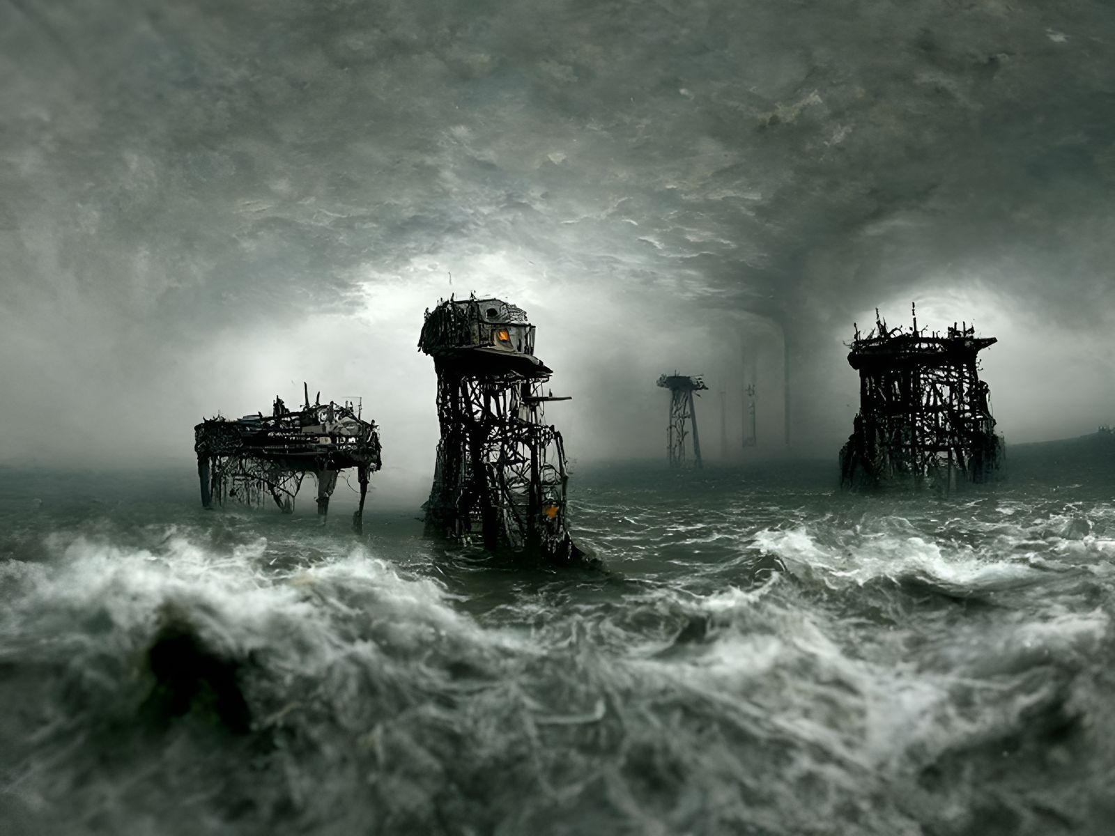 Eerie Maunsell Forts in Dieselpunk Hyperrealism Style