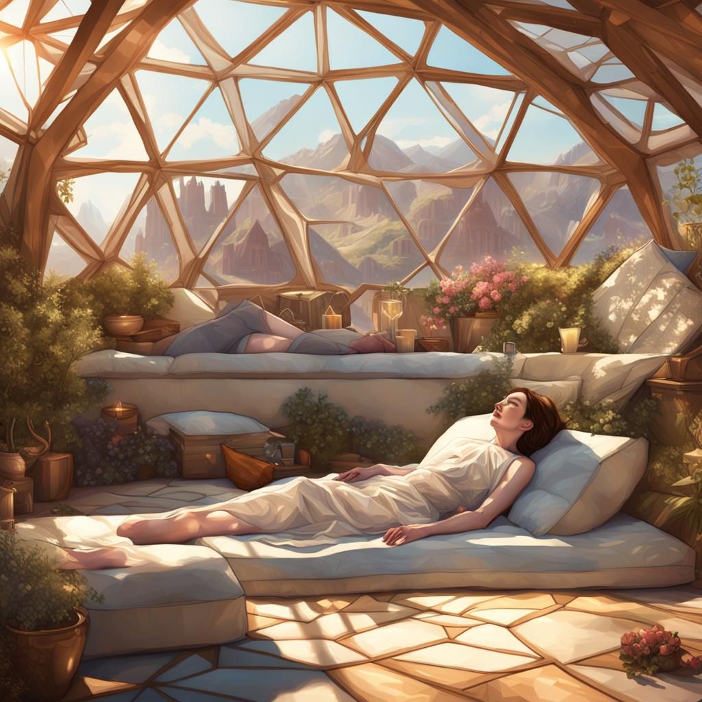 Anne hathaway sunbathing in a luxurious geodesic sleeping pod roof patio decor boho sacred geometry wow stunning...