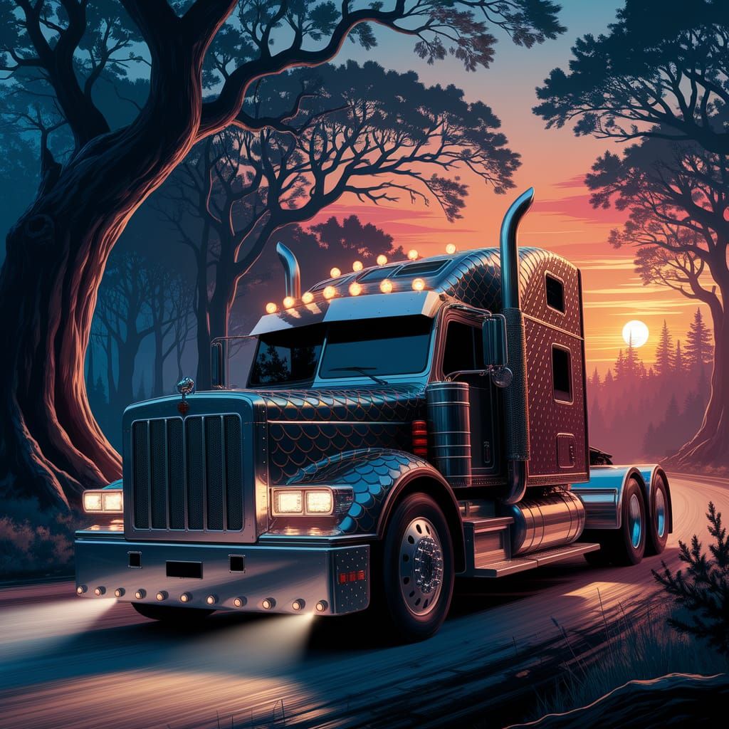 Dragon Truck Glides Through Sunset Forest