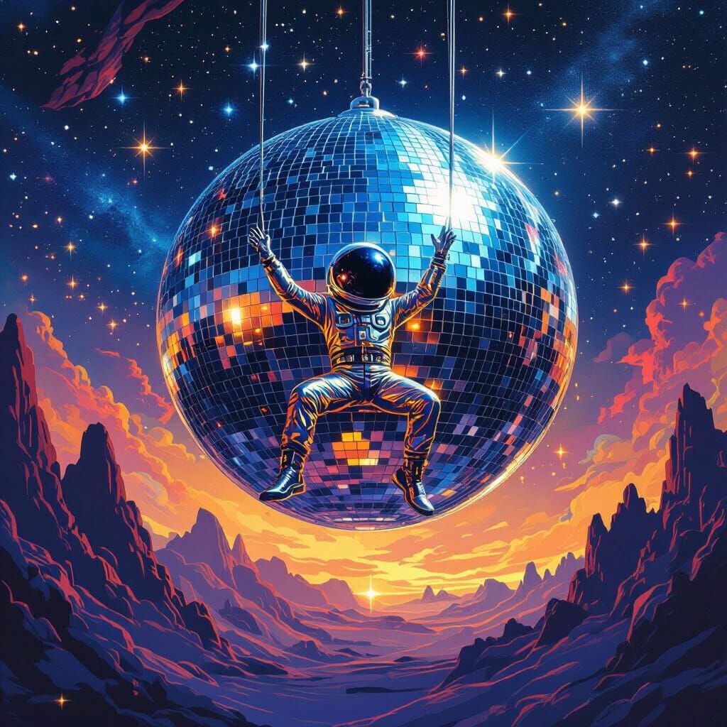 Alien Swings on Disco Ball in Starry Space