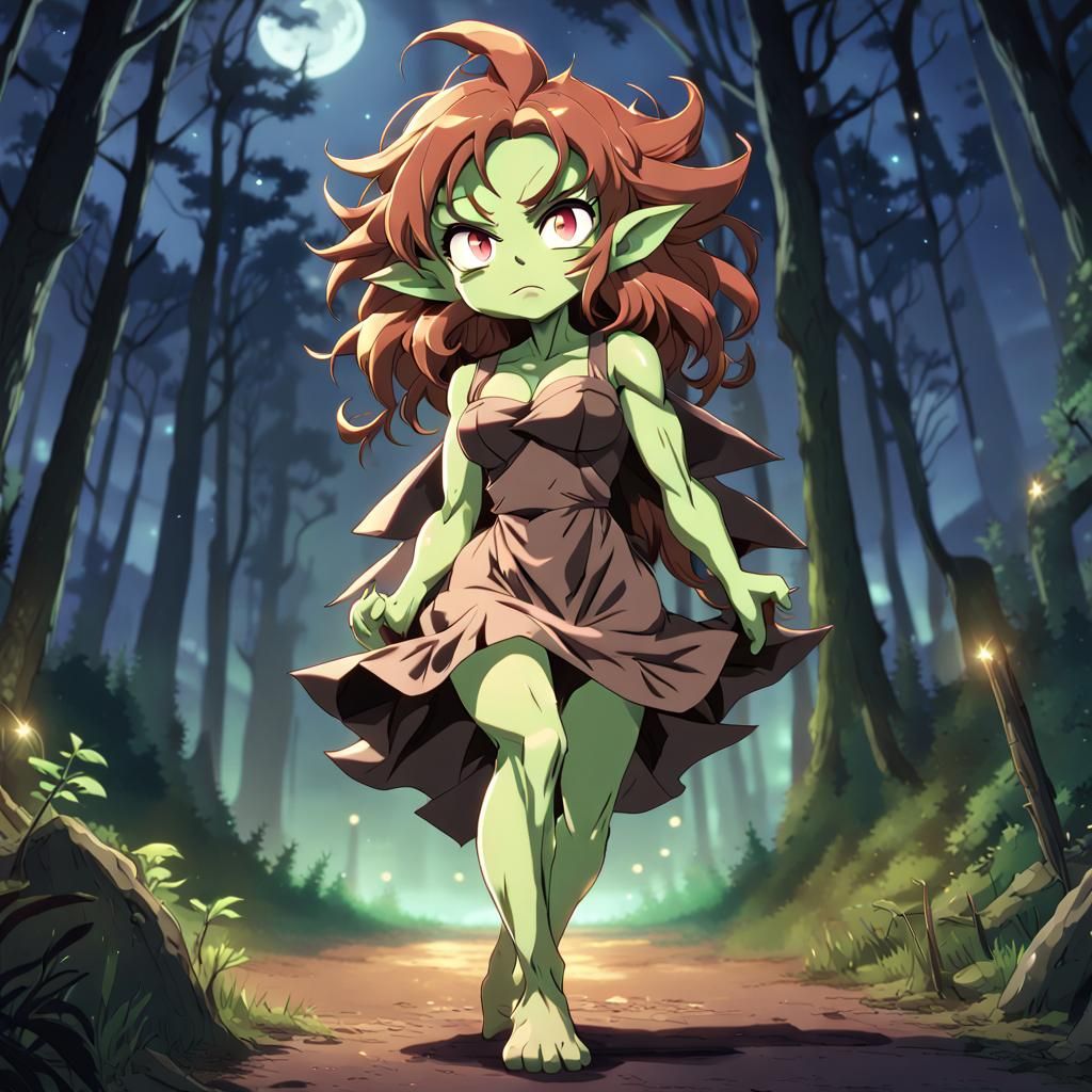 Cute Green Goblin Girl in Anime Style