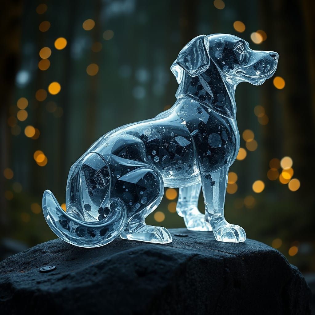 Hyperrealistic Crystal Dog in Night Forest