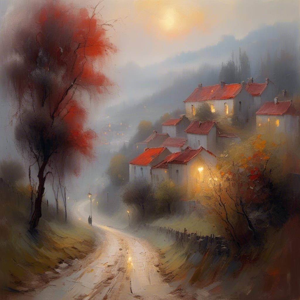 Misty Village Landscape in Atmospheric Oil Painting