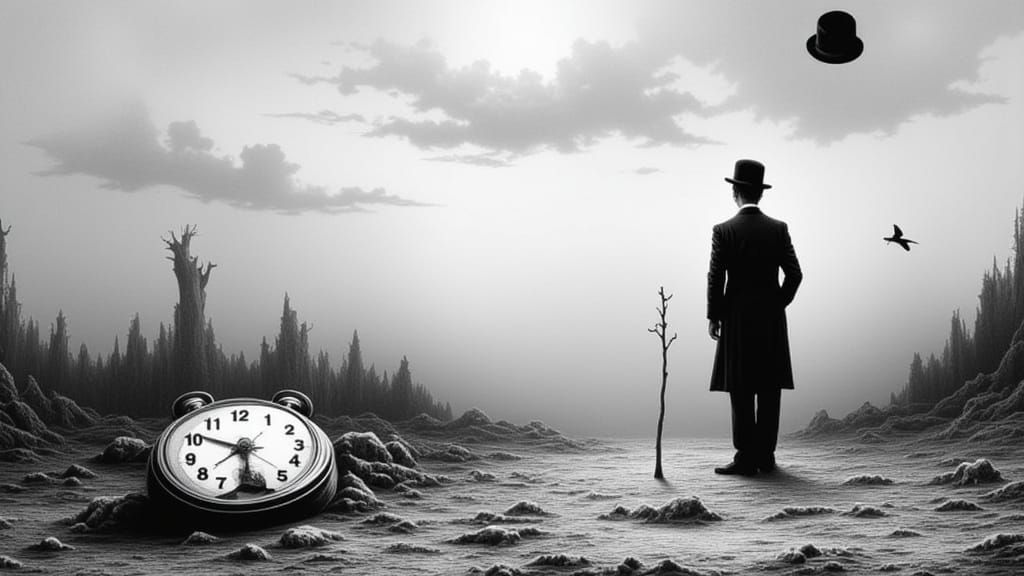 Chaplin in Surreal Landscape as Black and White Art