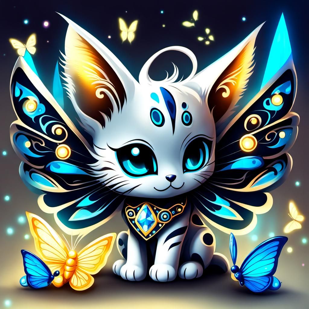 Chibi Alien Kitten and Bioluminescent Butterflies