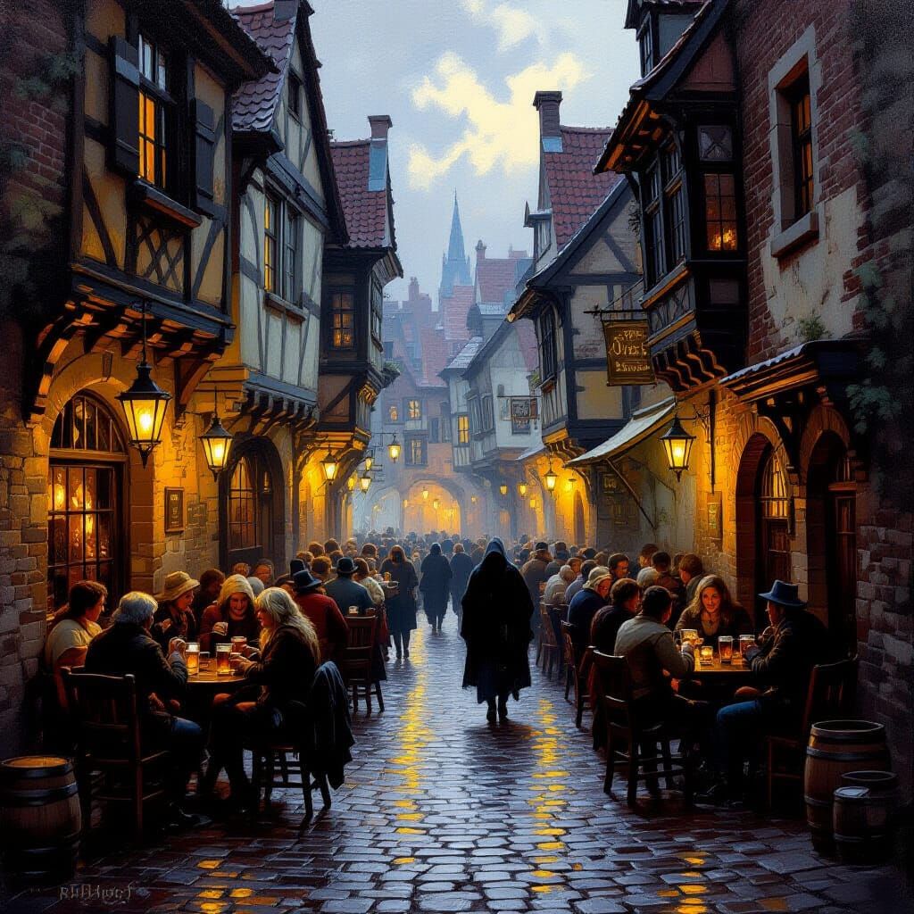 Rembrandt-Style Tavern Scene in Medieval Town Square