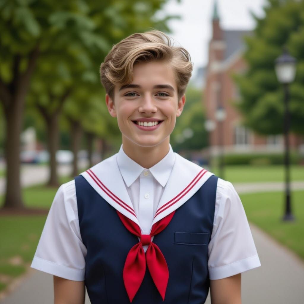 Young Man Crossdressing in Schoolgirl Outfit