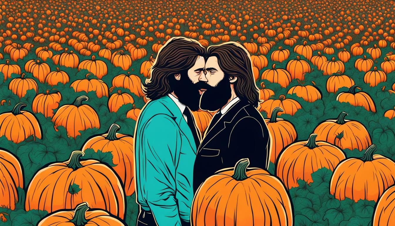 Bearded Men Kissing in Pumpkin Patch, Pop Art