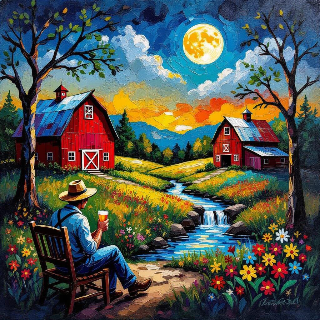 Vibrant Pioneer Enjoying Cider in Moonlit Dusk