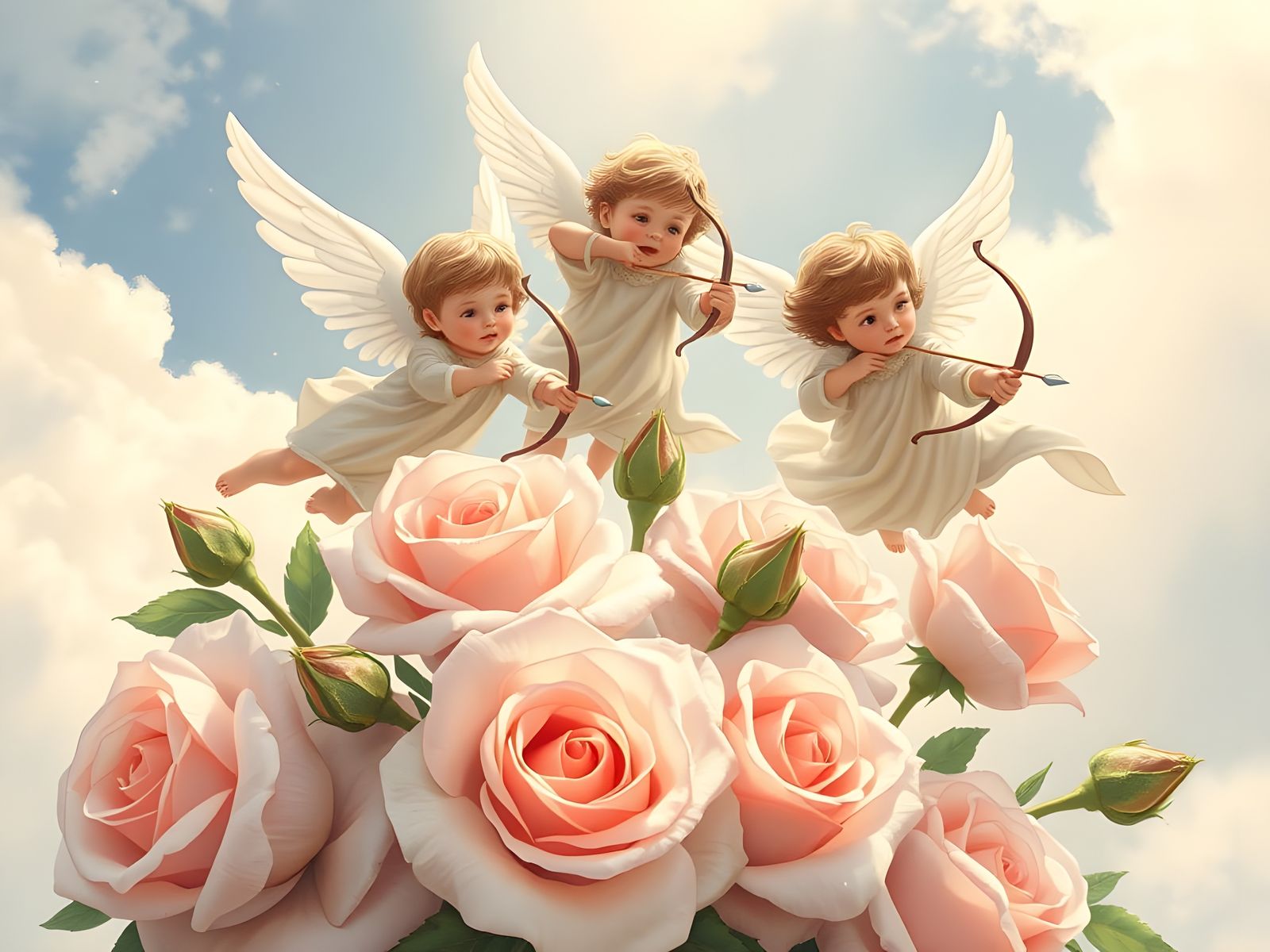 Angelic Cupid Boys Soar Among Roses in a Dreamy Halo
