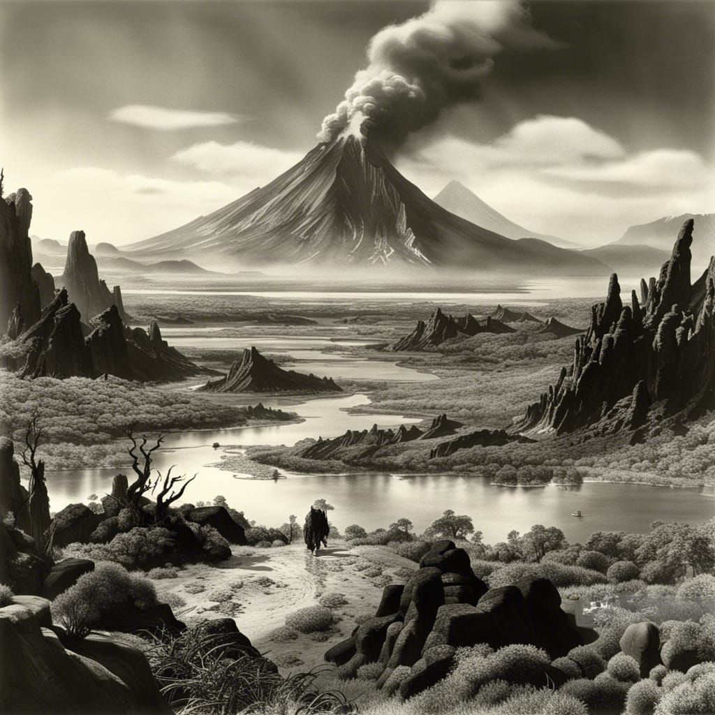 Volcano and Marsh Landscape in Black and White