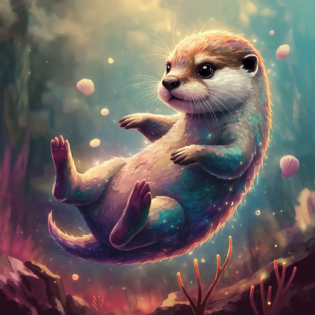 Vibrant Baby Otter in Dreamy Underwater Scene with Whimsical...