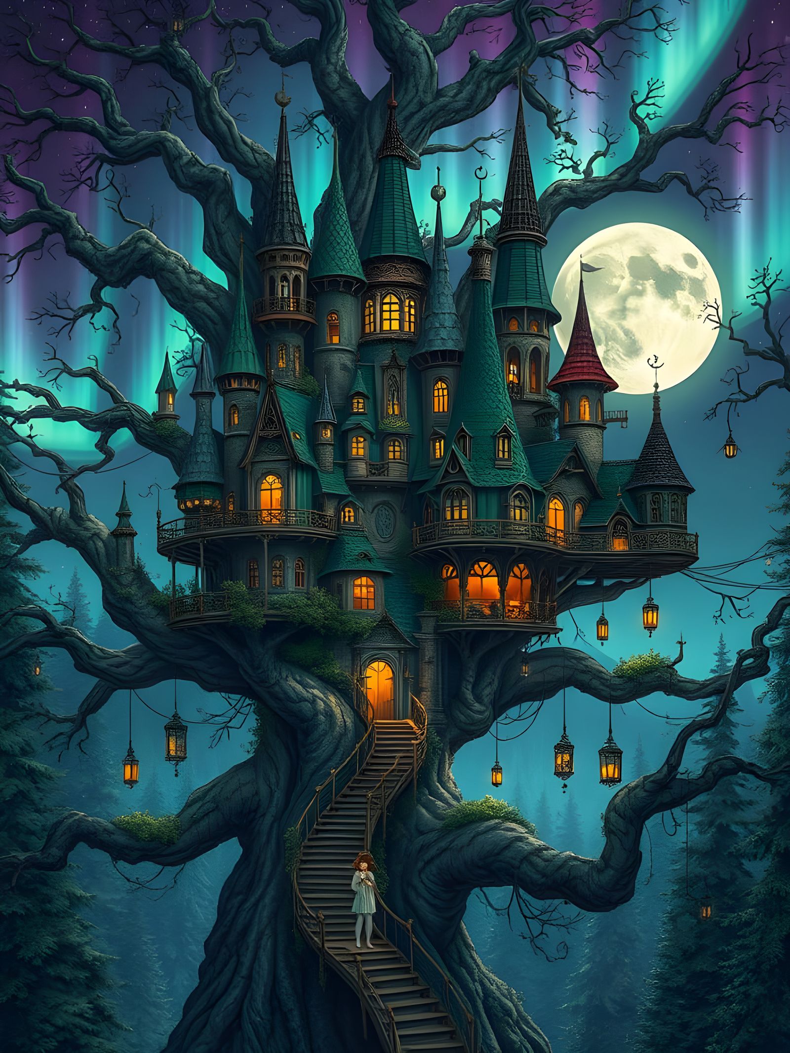 Whimsigoth Treehouse Cityscape in Majestic Dreamlike Forest