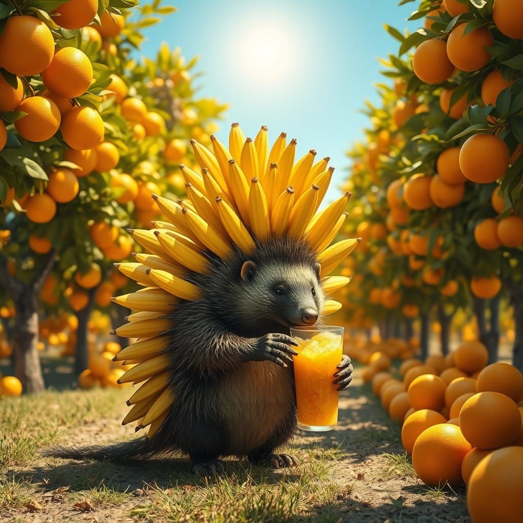 Surreal Sunlit Porcupine with Banana Quills in an Orange Gro...