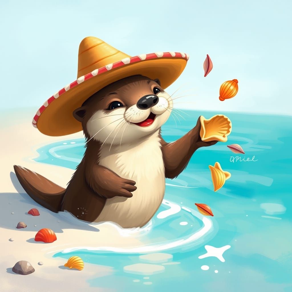 Joyful Otter Juggling Seashells on Sunny Beach