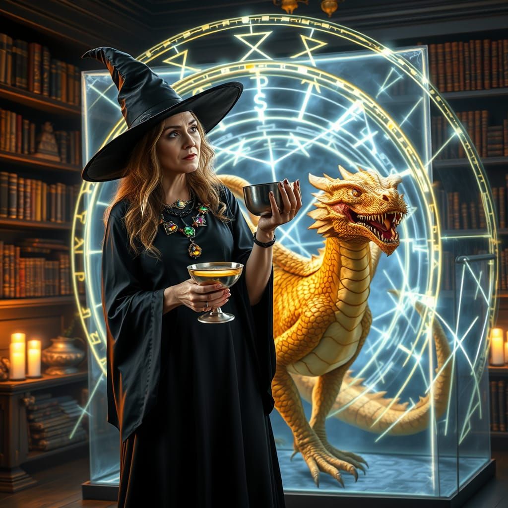 Witch in Elegant Black Robes Confronts Trapped Dragon in Glo...