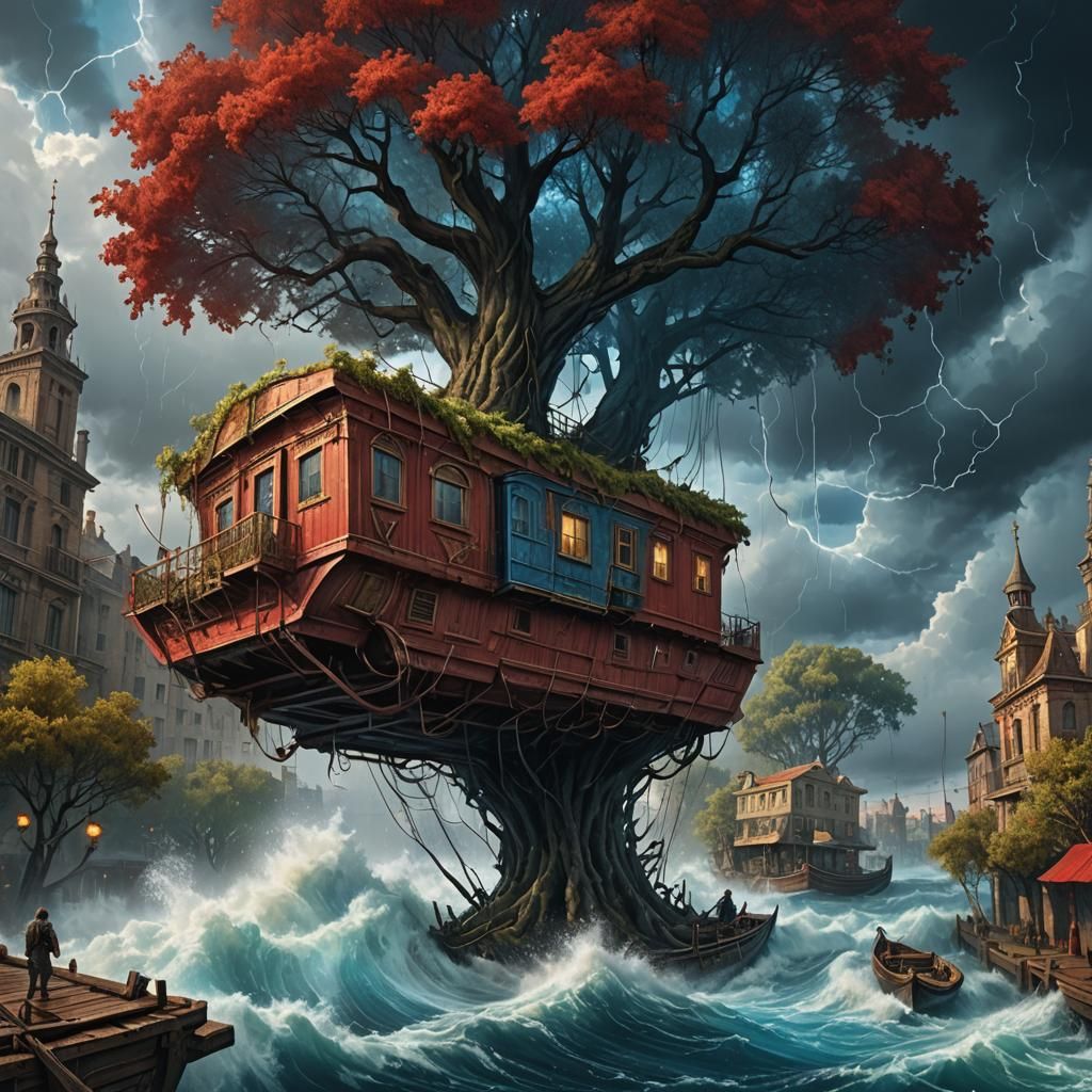 Dystopian Ark: Unconventional Houseboat Amidst Storm
