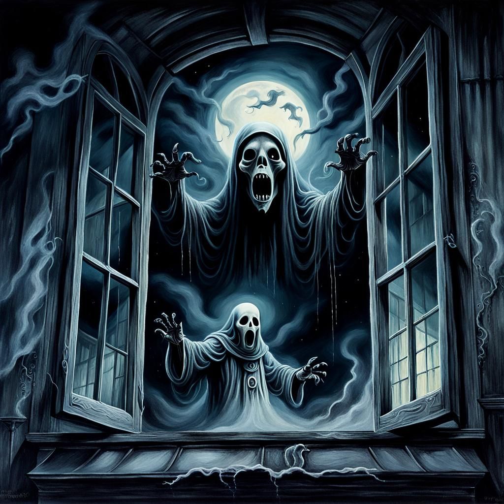 Eerie Ghost Emerges from Haunted House in Surrealist Paintin...