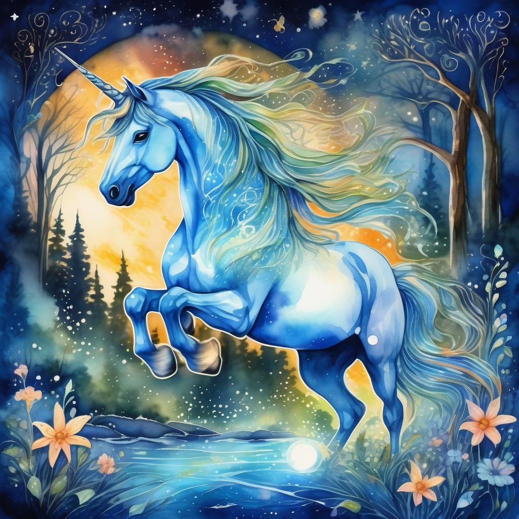 Magical Unicorn and Fairies in Watercolor Glade