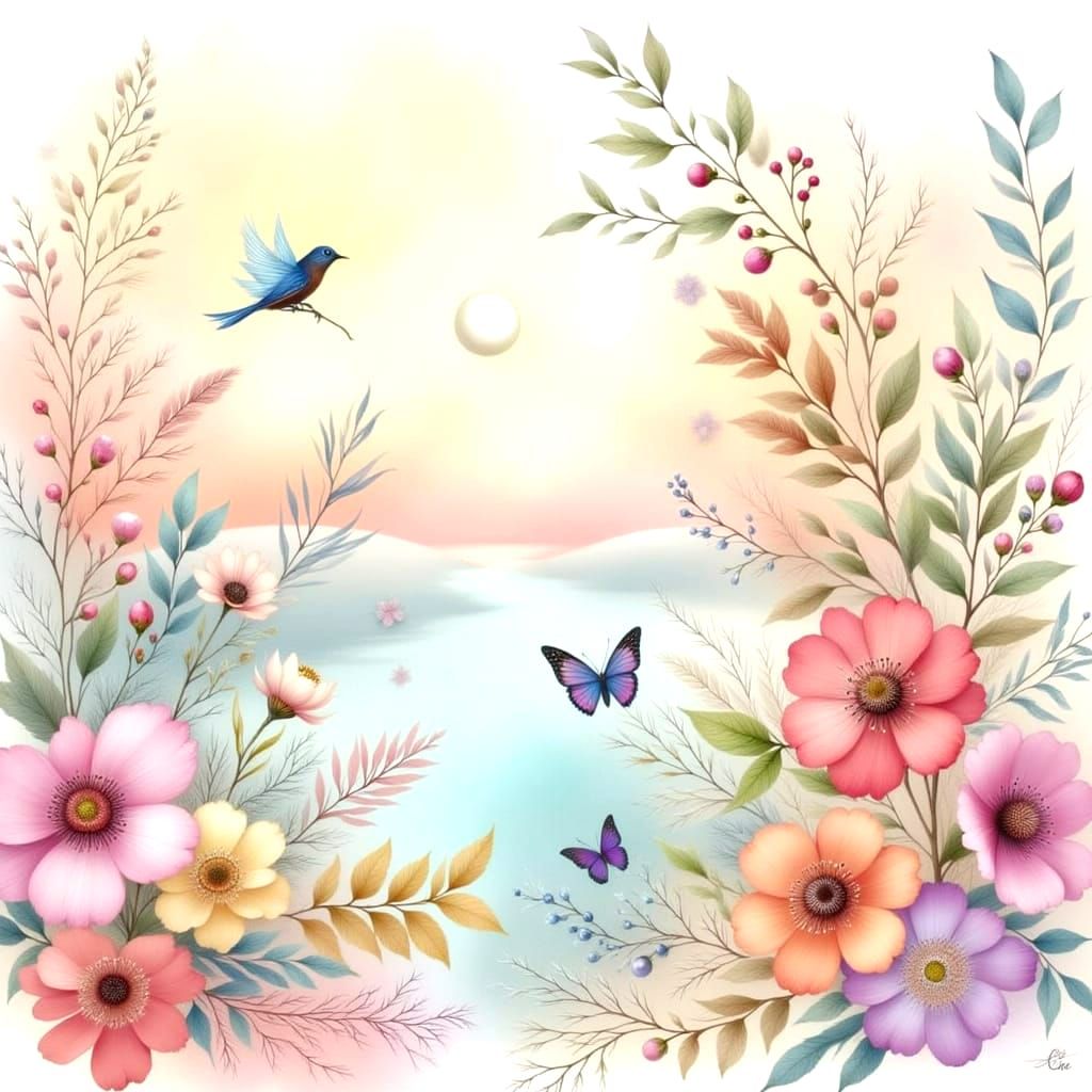 Pastel Peach Sunset with Blooming Flowers and Birds