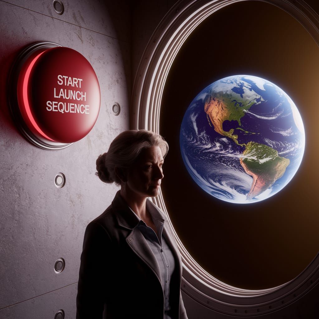 Woman and Launch Button with Earth View, Fantasy Concept Art