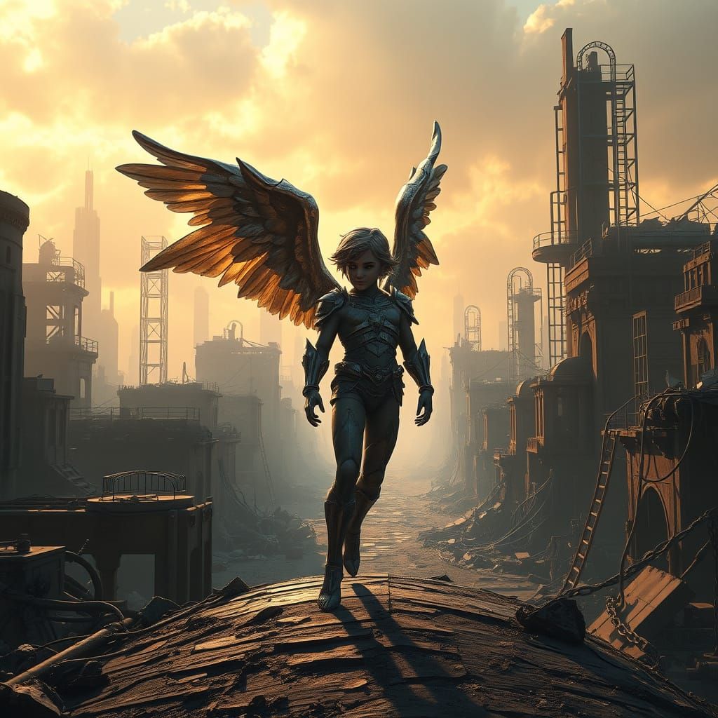 Post-Apocalyptic Cherub in Cyberpunk Cityscape