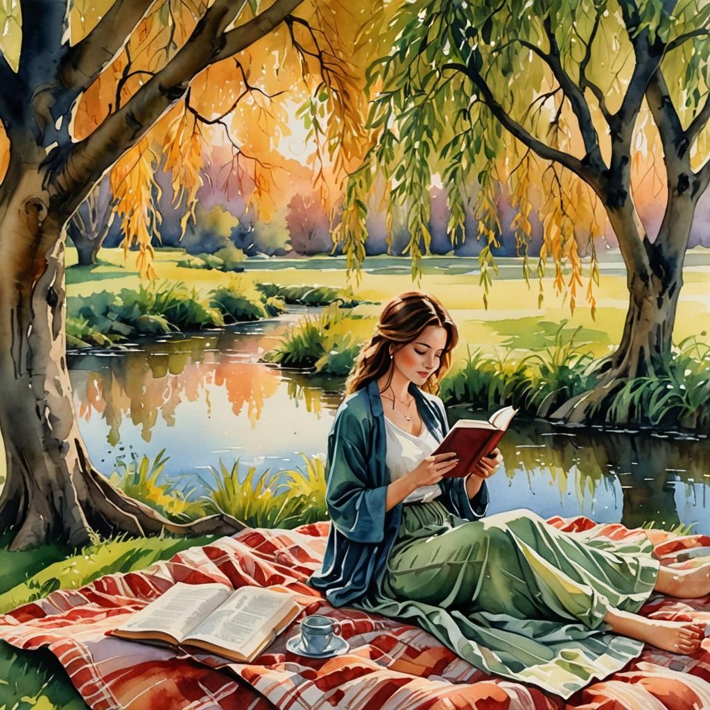 Woman Reading in Enchanted Forest: Watercolor and Ink