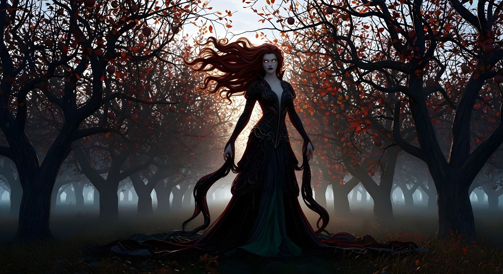 Auburn Vampire Lady in Orchard, Art Nouveau Style