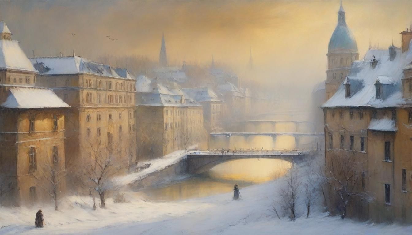 Winter in Budapest: Duna River Scene as Oil Painting