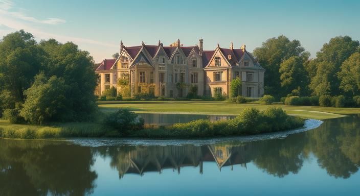 heaven with river and big mansion with clear morning sky