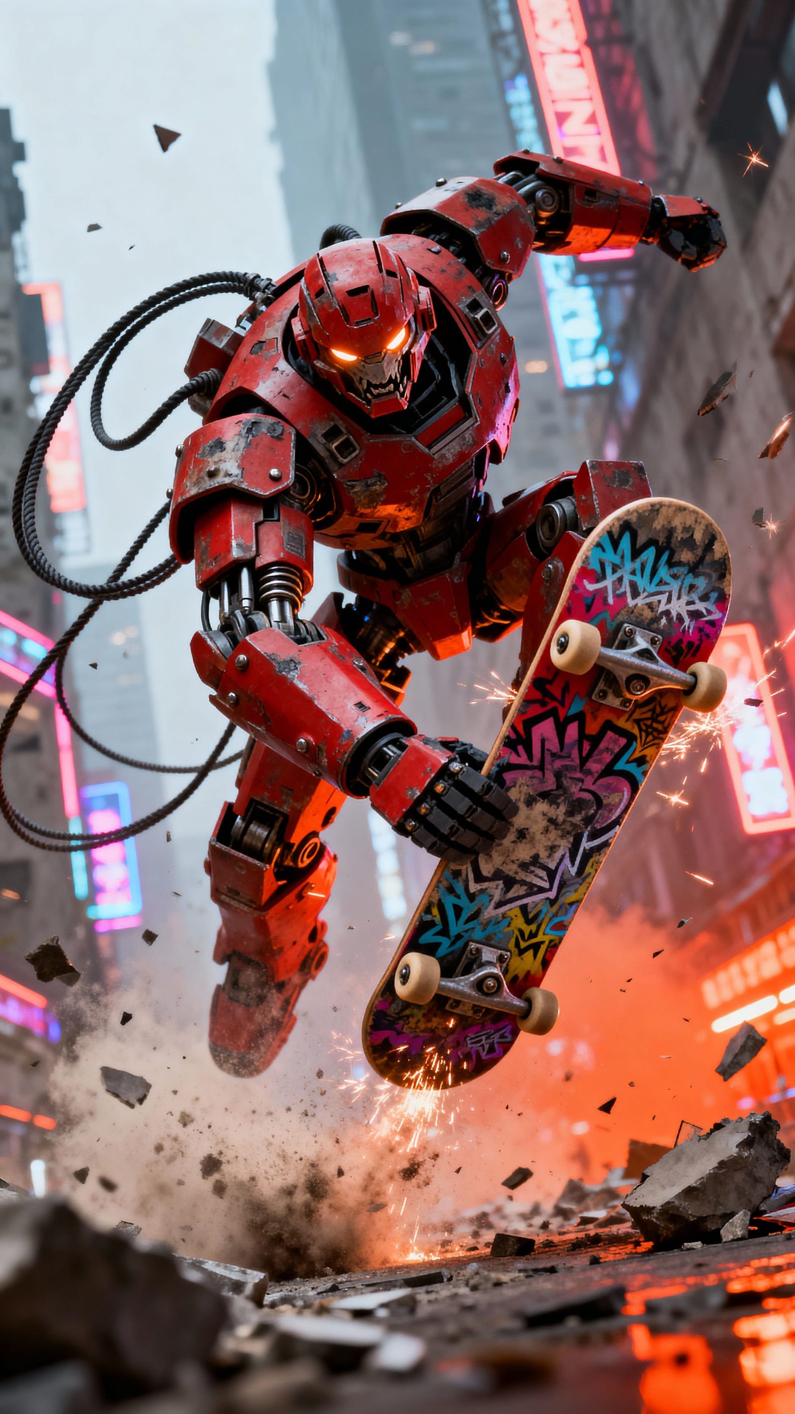 Red Armored Mech with Skateboard in Urban Rebellion