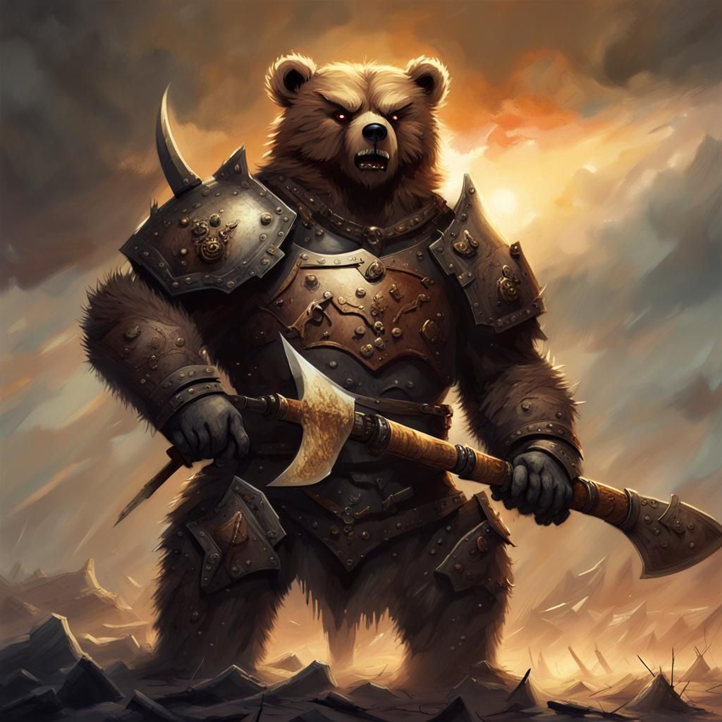 Armored Teddy Bear Warchief in Grimdark Fantasy Style