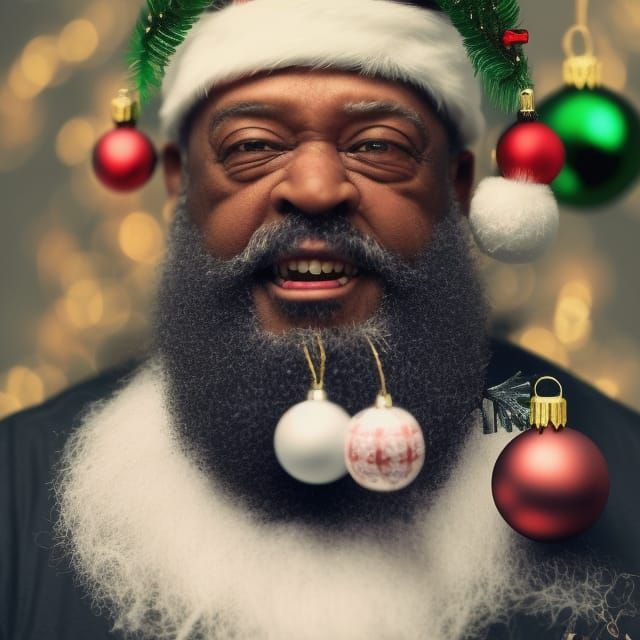 photo of an old black man with CHRISTMAS baubles AND CANDY CANE in his beard