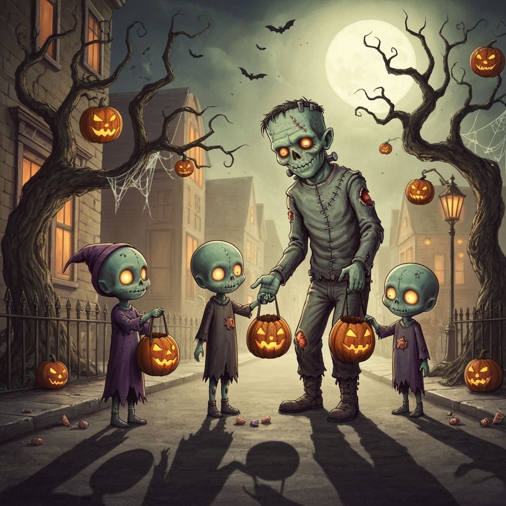 Undead Kids Trick-or-Treating with Frankenstein in Dark Fant...